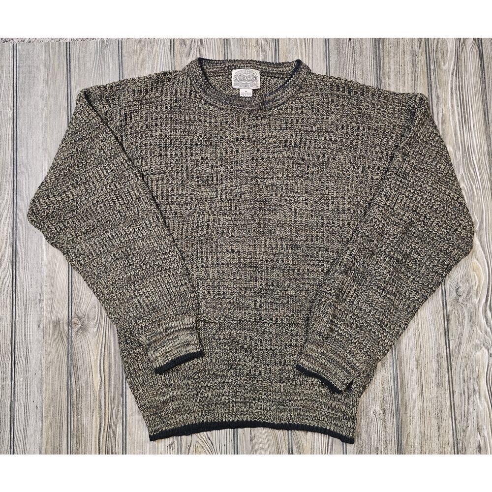 Vintage Saugatuck Sweater Men's Medium Brown Black Knit Fisherman Crewneck 90s